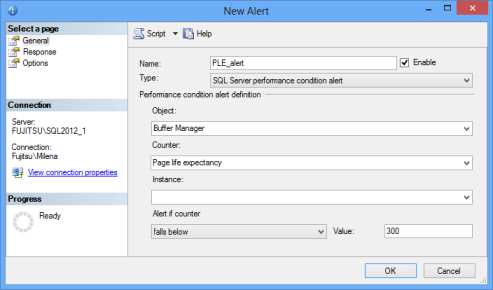 Configuring the SQL Server alert based on Page Life Expectancy counter