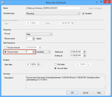 SSMS wizard - New job schedule: backup job settings