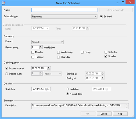 New Job schedules window - setting up new parameters