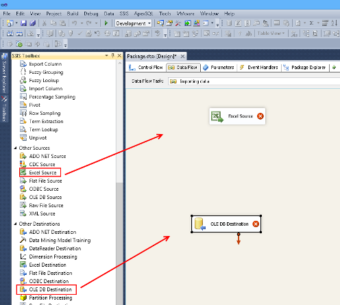 Tasks are imported into the Data flow window from the SSIS Toolbox, the Excel Source, and the OLE DB Destination