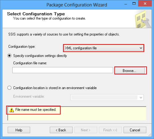 Dialog showing that an XML configuration file name must be specified