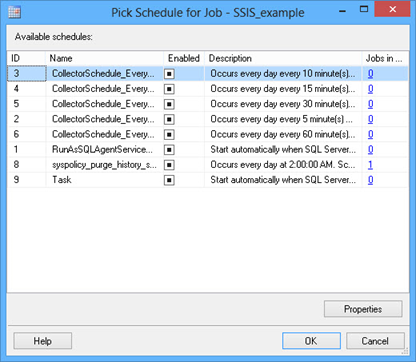 Dialog showing Pick Schedule for Job - SSIS example window
