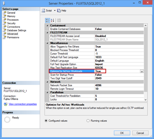 Server properties dialog - setting the Optimize for ad hoc workloads option to True