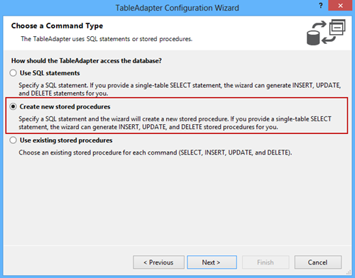 Choosing the Create new stored procedures option