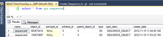 Dialog showing ‘sys.sequences’ view, which can be used to retrieve information about sequences of a given database