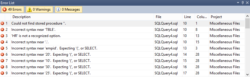 Dialog showing the SQL syntax Error list