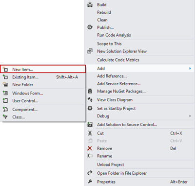 Choosing the Add New Item option in the Solution Explorer pane