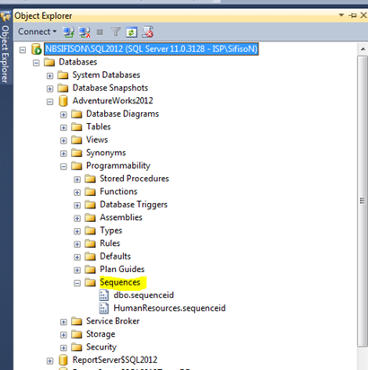 SQL Server 2012 Management Studio - ‘Sequences’ sub-node