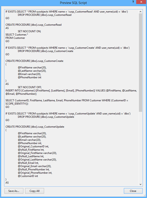 The Preview SQL Script dialog