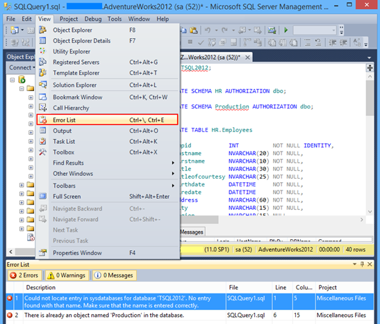 Selecting the Error List pane in SSMS