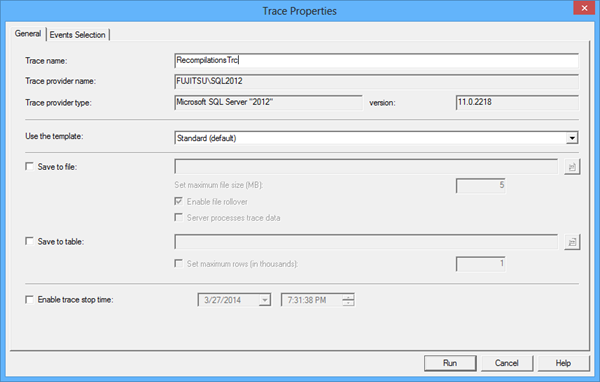 Trace properties dialog - Selecting the SP:Recompile row