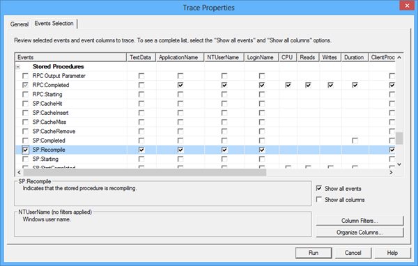 Specifying the trace name in the SQL Server Profiler's General tab