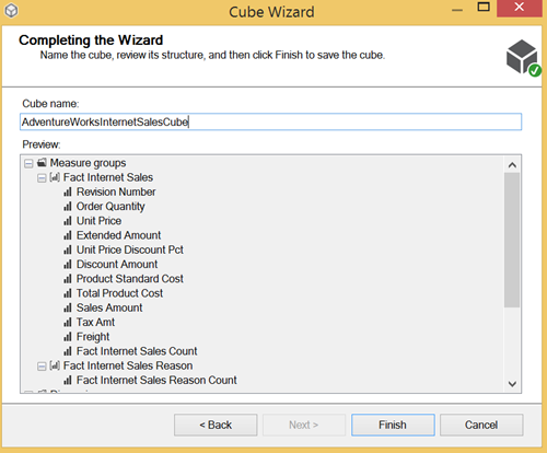 Cube Wizard - setting the cube name, reviewing its structure