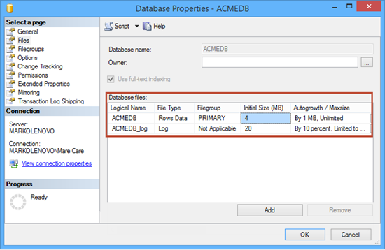 SQL Server Database Properties dialog