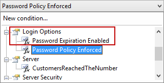 Creating new policy - Selecting the Password Expiration Enabled condition from the Check condition drop-down list