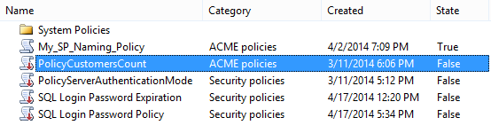 View Policy Dialog showing the list of all available Policy Based Management policies and their categories