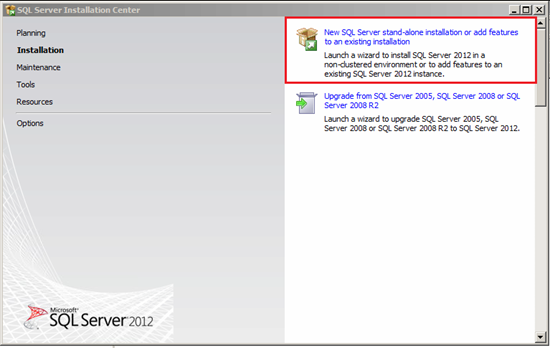 Selecting New SQL Server stand-alone installation or add features to an existing installation from the SQL Server Installation Center
