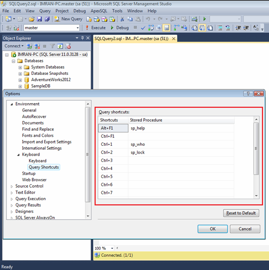 Setting up the query shortcuts