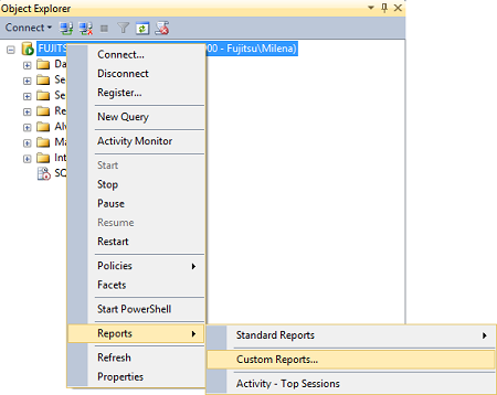 Selecting Custom Reports option in Object Exlplorer