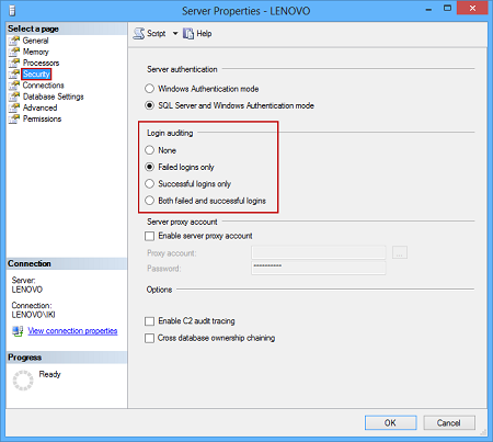 Server Properties dialog in SQL Server