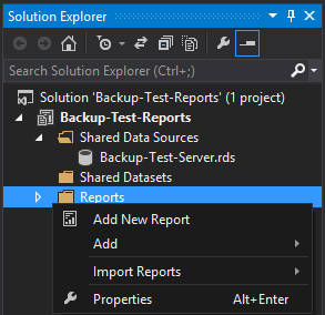 Selecting Add New Report in the Solution Explorer