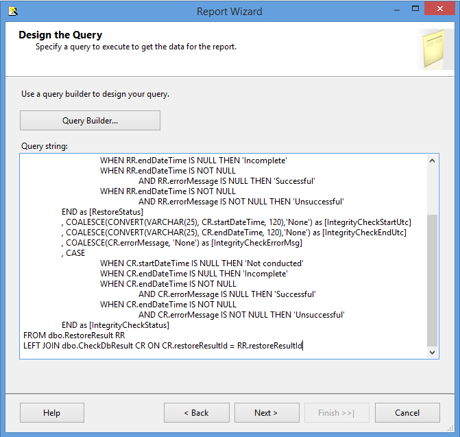 Pasting in the T-SQL query