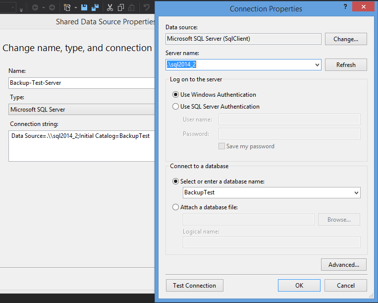 Selecting Microsoft SQL Server for Type and configuring the connection string afterwards