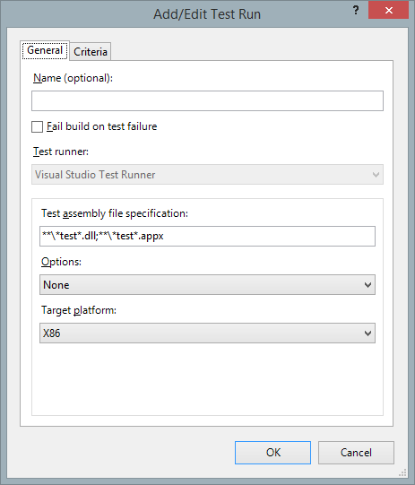 Test settings in build definition