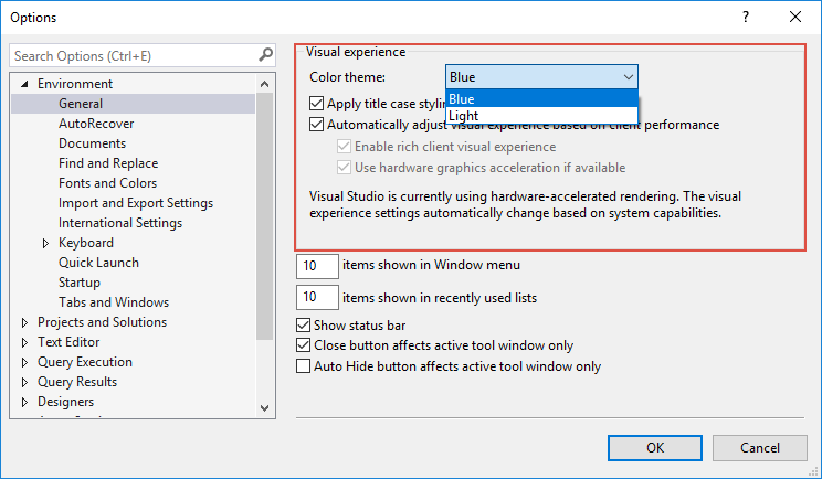 Visual experience settings of SSMS in the Options dialog