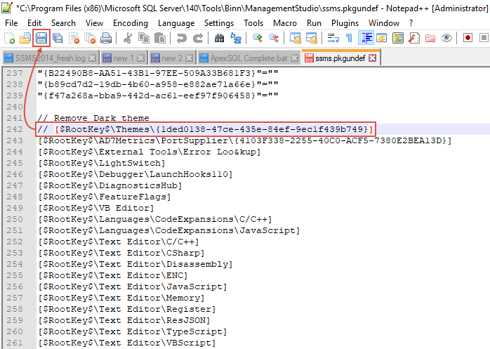 SQL Server Management Studio configuration file opened in Notepad++