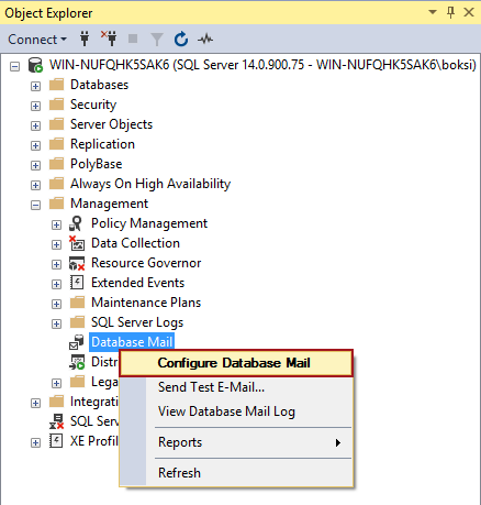 Configure Database Mail option from the right-click context menu in Object Explorer