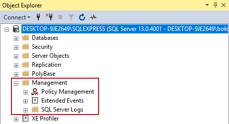 Management node from Object Explorer in Microsoft SQL Server 2016 Express version
