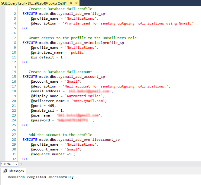Successfully executed script for configuring SQL Server send email function