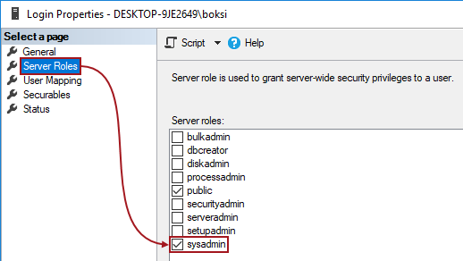 User Login Properties settings for adding sysadmin server role privileges to a user