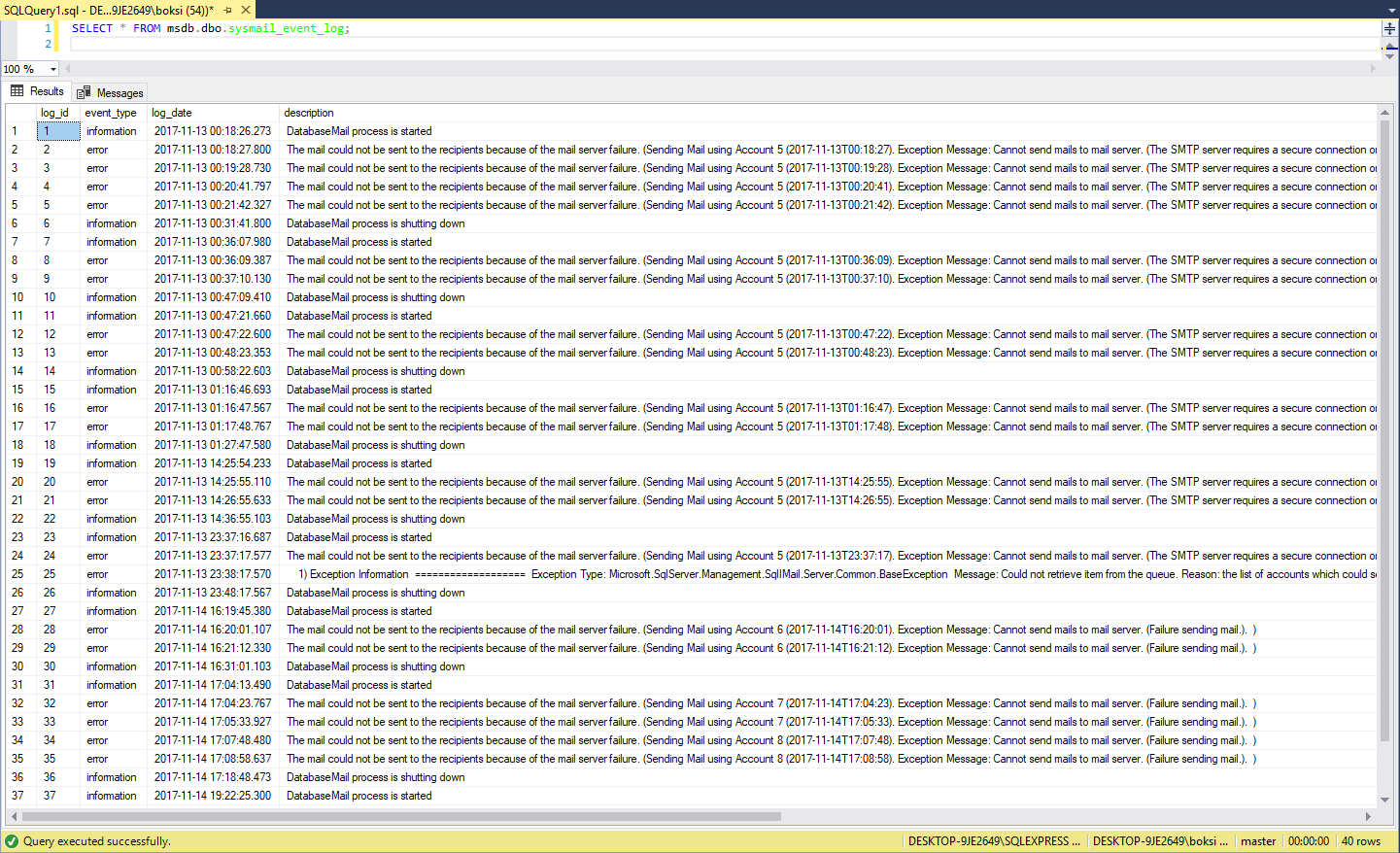 Results grid of SSMS populated with messages returned by the SQL Server Database Mail system