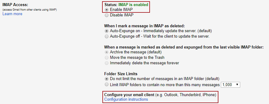 IMAP Access section for enabling IMAP option and other email configuration instructions