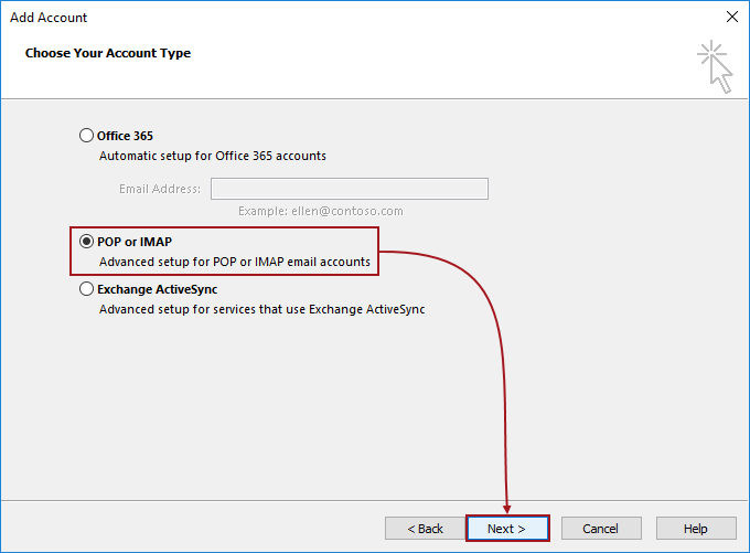 Add Account dialog in Outlook client with POP or IMAP option checked