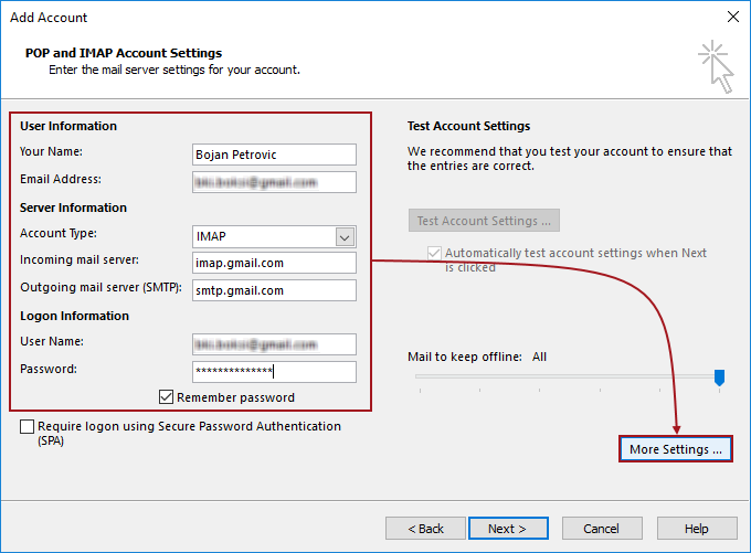 Add Account dialog in Outlook client with the email server settings for an account