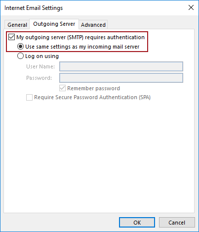 Internet Email Settings dialog in Windows with Use same settings as my incoming mail server option checked
