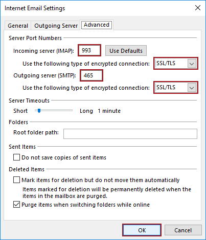 Internet Email Settings dialog in Windows with server port numbers configured
