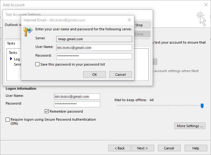 Internet Email dialog in Windows for configuring user name and password for an IMAP server