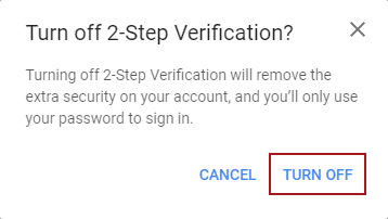 Confirmation dialog to disable Gmail 2-Step Verification for less secure apps access