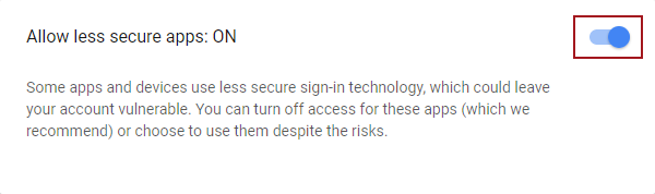 An option to allow less secure apps for the Gmail account enabled