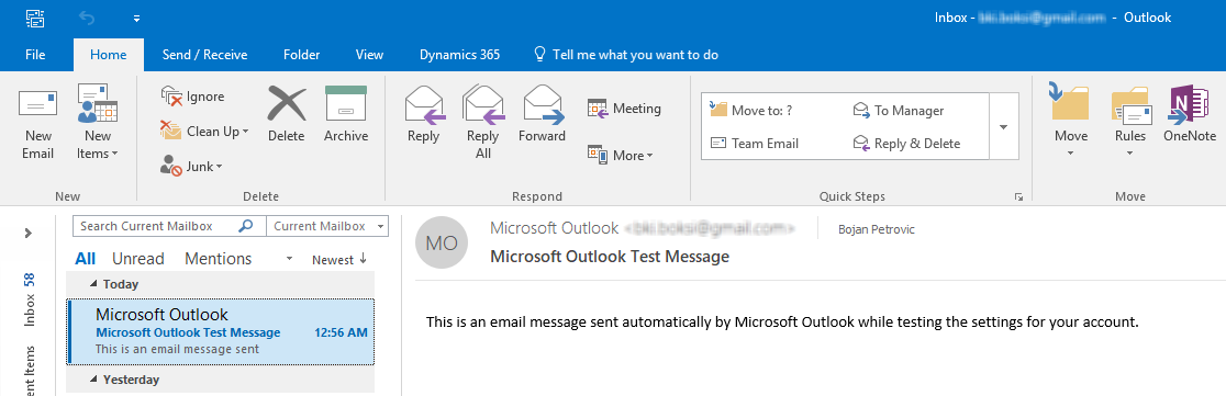 The inbox of Outlook client showing that an e-mail message is delivered successfully