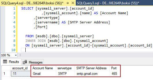 An executed script in SSMS showing settings for account name, server type, server address, and port number of SQL Server Database Mail