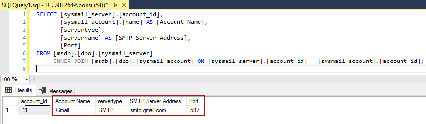 Settings of the SQL Server send email service