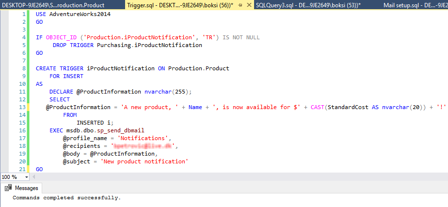 Script for creating a trigger and sending an email using the sp_send_dbmail stored procedure