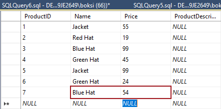 Adding a new product using the Edit Top 200 Rows option from Object Explorer