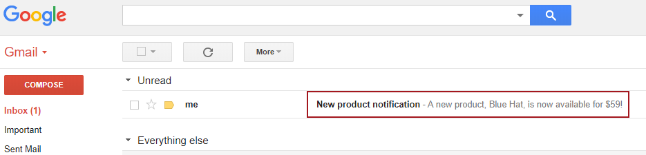 The inbox of Gmail showing an e-mail with the body saying that a new product is available