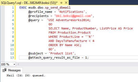 Script for sending an email using the sp_send_dbmail stored procedure with results from a query